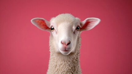 Fototapeta premium Closeup Portrait of Fluffy White Lamb Against Pink Background