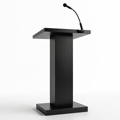 Black podium with attached microphone for public speaking events. Modern lectern for presentations speeches. Isolated furniture for seminar event. Pro speaker equipment on white background for design.