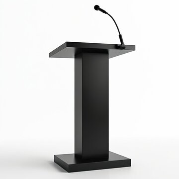Black podium with attached microphone for public speaking events. Modern lectern for presentations speeches. Isolated furniture for seminar event. Pro speaker equipment on white background for design.