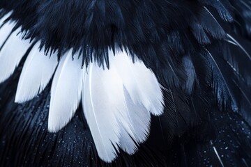 Striking contrast of black and white feathers illuminates the beauty of a bird's intricate plumage in natural light
