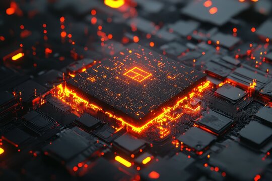 A computer chip embedded with AI algorithms and glowing with data pulses .