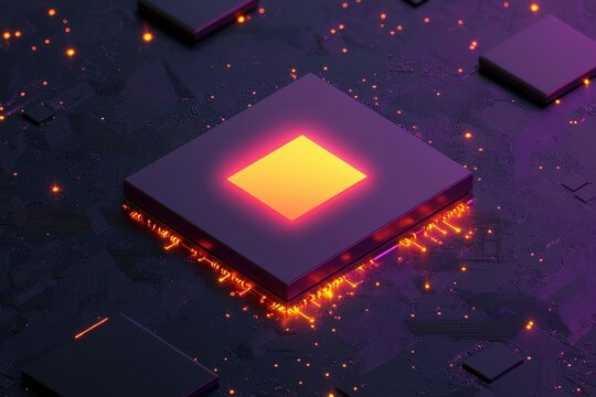 A computer chip embedded with AI algorithms and glowing with data pulses .