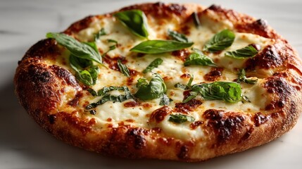 Delicious white pizza, basil topping, marble background, food photography