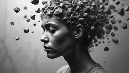 Illustration portrays woman with crumbling stone fragments around head. Negative mindset, stress, anxiety, reduced capacity to cope with challenges, pessimism, negativity. Image explores mental
