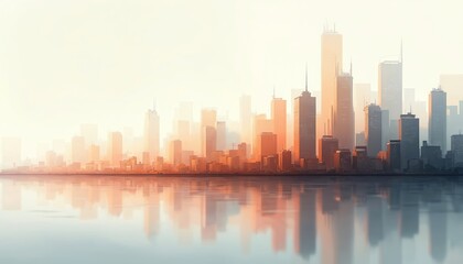 Abstract cityscape with geometric shapes in grey, orange colors reflected in water. Modern architecture, urban landscape, skyline, city life concept, building. Digital art perfect for design.