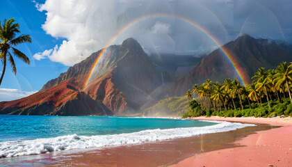 Plage paradisiaque sous un arc-en-ciel