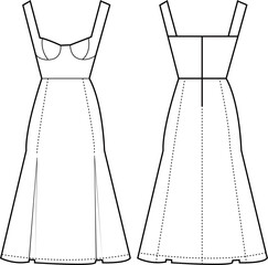 Minimalist Flat Sketch of a Fitted Bodice Flared Dress with Straps – Front and Back Technical Illustration