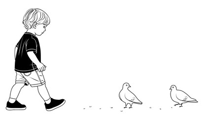 A little child feeds pigeons and watches them. Black and white vector with empty space for text, minimalism. Suitable as a background for a banner or presentations. Isolated on white.