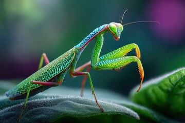 Colorful praying mantis perched on a leaf in vibrant garden setting during sunny afternoon