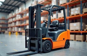 Fototapeta premium Bright orange forklift in warehouse, lifting boxes on pallets. Industrial transport, logistics, cargo handling, warehousing, storage. Modern machine. Warehouse interior with storage racks.