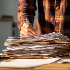 Focused Man Analyzing Documents with Pen on Desk in Office Environment Check Inspect Scrutinize