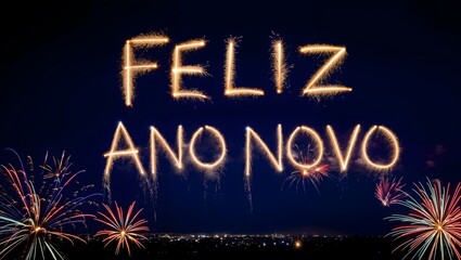 "Feliz Ano Novo" - Happy New Year text in Brazilian Portuguese written in the sky full of fireworks