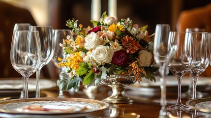 Elegant Autumnal Table Setting with Floral Centerpiece
