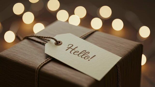 Beautiful wooden box with festive lights and greeting tag. Gift box with handwritten hello for celebration present, holiday surprise and decoration idea.