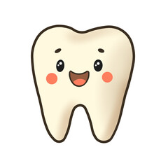 Tooth character illustration with rosy cheeks and a smile. Hand-drawn in pastel tones for kids’ dental themes and education.
