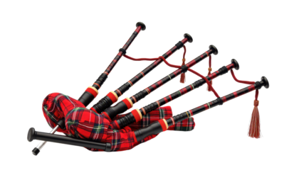 bagpipes in traditional pattern, with visible drones and blowpipe, isolated on white.