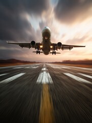 Airplane Ascends Sharply From Runway at Sunset, Captured With Motion Blur Emphasizing Speed and Power Generative AI