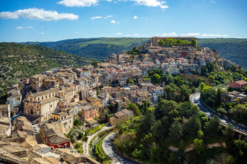 Side view of the historic center of Ibla in Ragusa, Sicily, Italy, with its houses cascading over a...