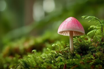 Colorful mushroom grows in lush green forest on a soft bed of moss during early morning light