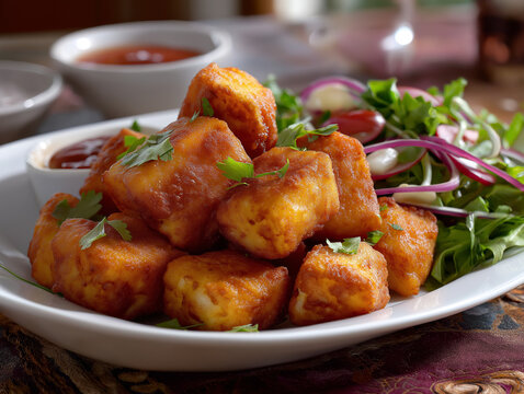wide andle shot, , A plate of deep fried paneer cheese curds, Fried paneer cheese curds on plate, Fried cheese Bites, a plate of deep fried cheese curds, kept on a dining table, front eye level view, 