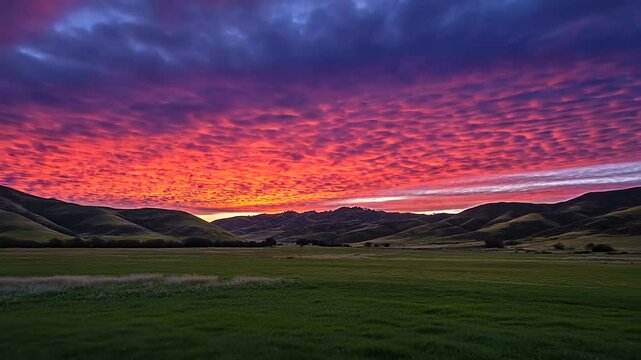 Dramatic sunset over rolling hills