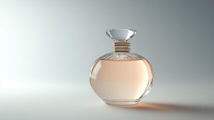 Bottle of perfume is sitting on a table. The bottle is clear and has a diamond-shaped top