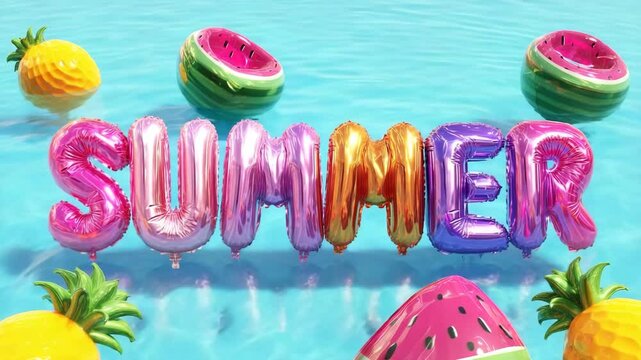 Bright glossy balloon letters spell out SUMMER while drifting in a clear blue pool surrounded by floating pineapples and watermelons, creating a fun tropical vacation vibe