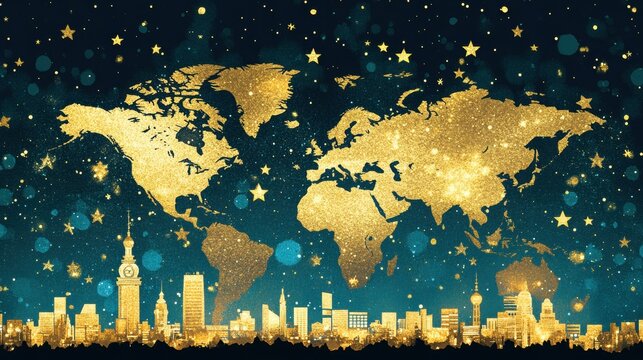 Luxurious global cityscape with golden skyscrapers and world map in celestial blue starry night modern urban fantasy design background