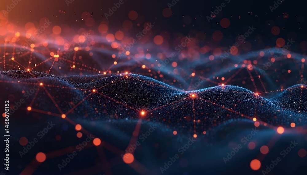 Poster Abstract illustration of data technology. Futuristic digital network with connection lines, dots. Blue, orange colors. Tech innovation, cyberspace, business, concept. Perfect for digital tech