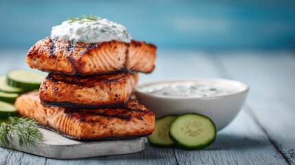 Grilled Salmon Stack Tzatziki Dream on Blue.