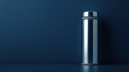 Tall, silver water bottle sits on a blue background. The bottle is empty and he is made of metal