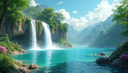 Scenic landscape illustration features waterfall, emerald lake. Mountains, forest, blue sky with clouds create serene, tropical vacation mood. Water stream flows to lake, rocks, green, green trees.