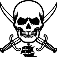 Pirate skull with ship tattoo design, SVG with clean lines. Classic Pirate Skull and Crossbones with Ship Design Element
