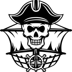Pirate skull with ship tattoo design, SVG with clean lines. Skull and Crossbones Pirate Ship Logo Design Element