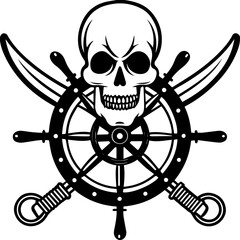 Pirate skull with ship tattoo design, SVG with clean lines. Skull and Cross Sabers with Ship Wheel Graphic Design