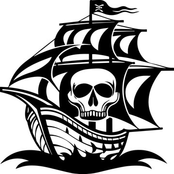 recommend clip art: Pirate skull with ship tattoo design, SVG with clean lines. Pirate Ship with Skull Flag on Waves in Black and White