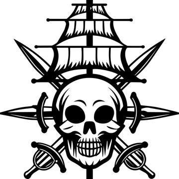 recommend clip art: Pirate skull with ship tattoo design, SVG with clean lines. Pirate Ship with Skull and Crossed Swords Design Element