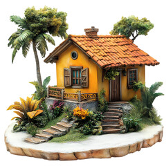Charming Yellow Cottage Tropical Garden Miniature