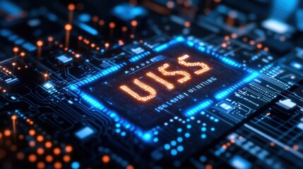 Fototapeta premium Advanced uiss chip circuit board background with glowing details for cutting edge technology and micro processor innovation design