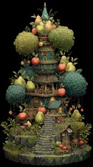 A whimsical, tiered structure nestled amidst fruit-laden trees.