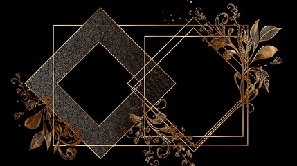Golden floral design with patterned diamond shapes on a black colored background