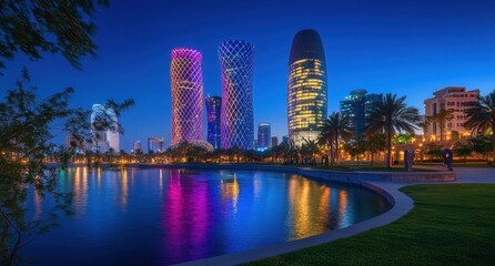 Obraz premium A panoramic view of the Doha skyline at night, showcasing iconic buildings like Al Shaaer and Tornado towers illuminated in vibrant colors against the dark sky Generative AI