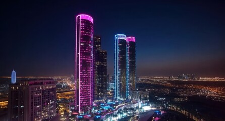 Obraz premium Panoramic view of the Doha skyline at night, with skyscrapers and the three towers illuminated in pink, white, and blue lights Generative AI