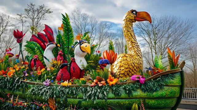 A colorful parade float featuring birds and flowers