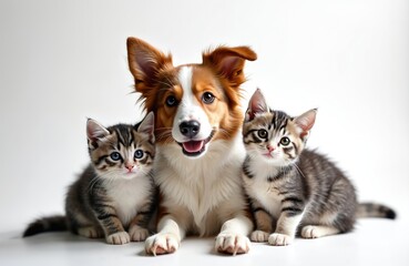 Obraz premium Illustration of friendly dog with two cute kittens on white backdrop. Happy pets create cozy mood, showing love, friendship. Ideal for pet shop advertisement, banner, cards. Dog, kittens sitting