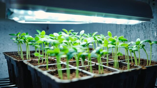 Plants growing with LED lights at home.