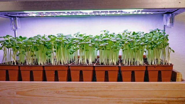 Plants growing with LED lights at home.