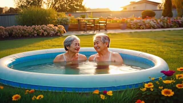 Senior couple in an inflatable pool.