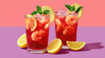 Fototapeta premium Refreshing Red Cocktail Summer Drink with Lemon and Mint.