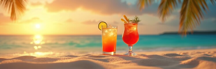 Two cocktails on sandy beach during sunset. Refreshing drinks with ice near ocean, holiday vacation leisure theme. Orange sky, palm leaves. Tropical paradise. Relaxing mood for travel.